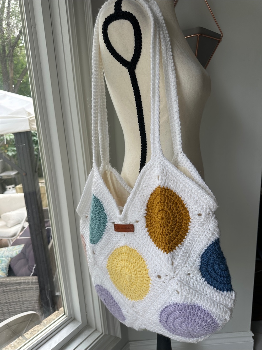 Handmade Crochet Dot Tote Shoulder Bag Purse in White with Multicolor Circles